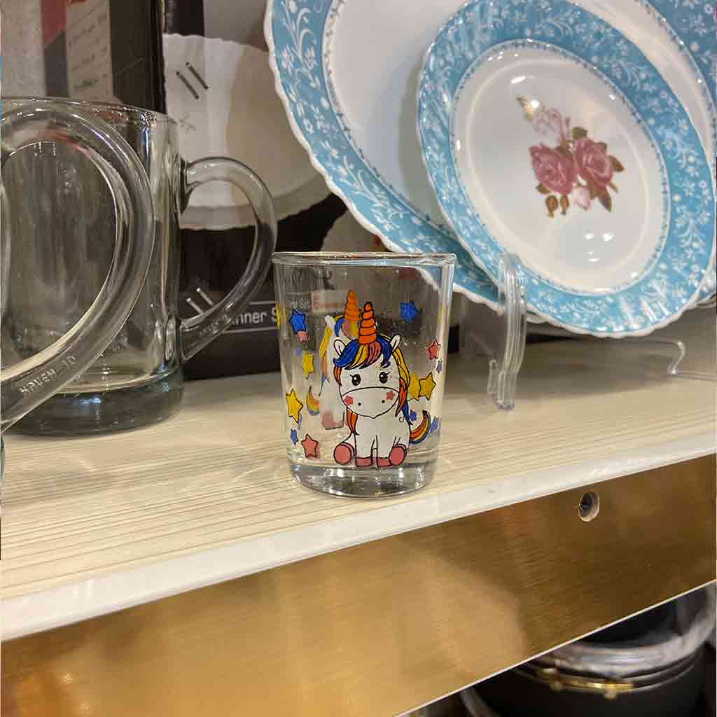 لیوان شیشه ای اسب تک شاخ رنگ صورتی و آبی