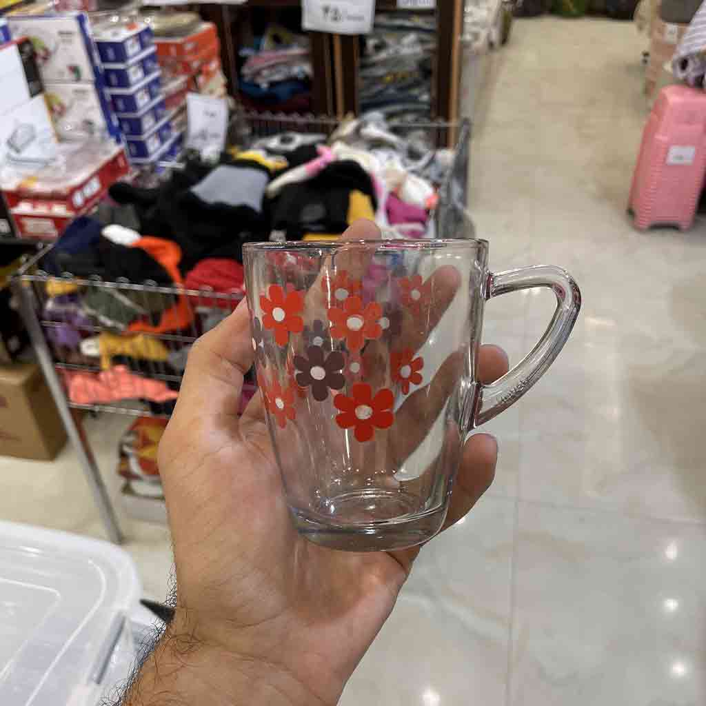 لیوان دسته دار شیشه ای گل قرمز