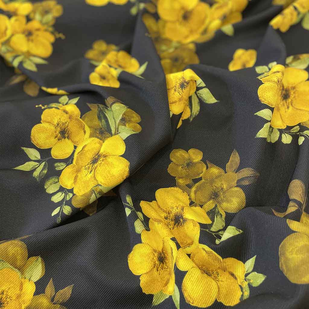 پارچه نخی مشکی طرحدار گل زرد
