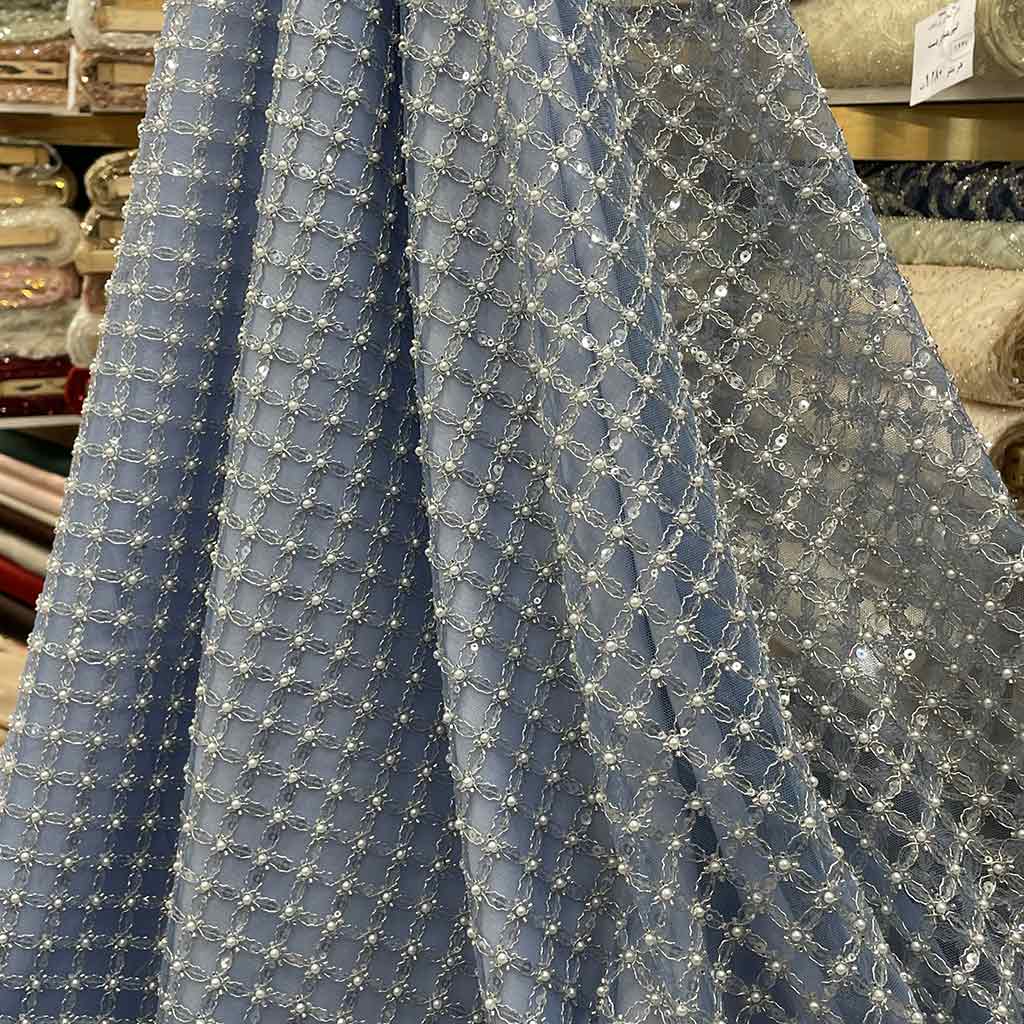 پارچه گیپور ملیله و مروارید دوزی آبی